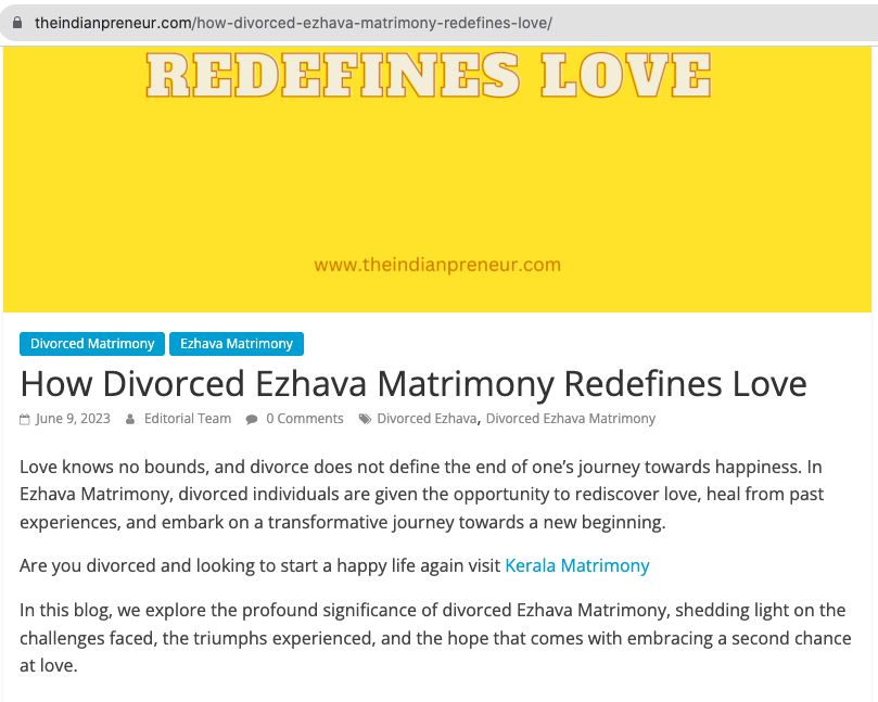 Live guest post on theindianpreneur.com showing the Kerala Matrimony anchor in editorial context