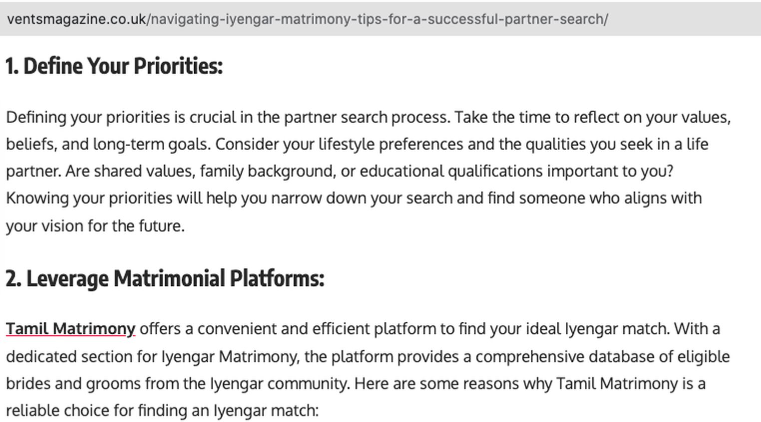 Live guest post on ventsmagazine.co.uk showing the Tamil Matrimony anchor in editorial context